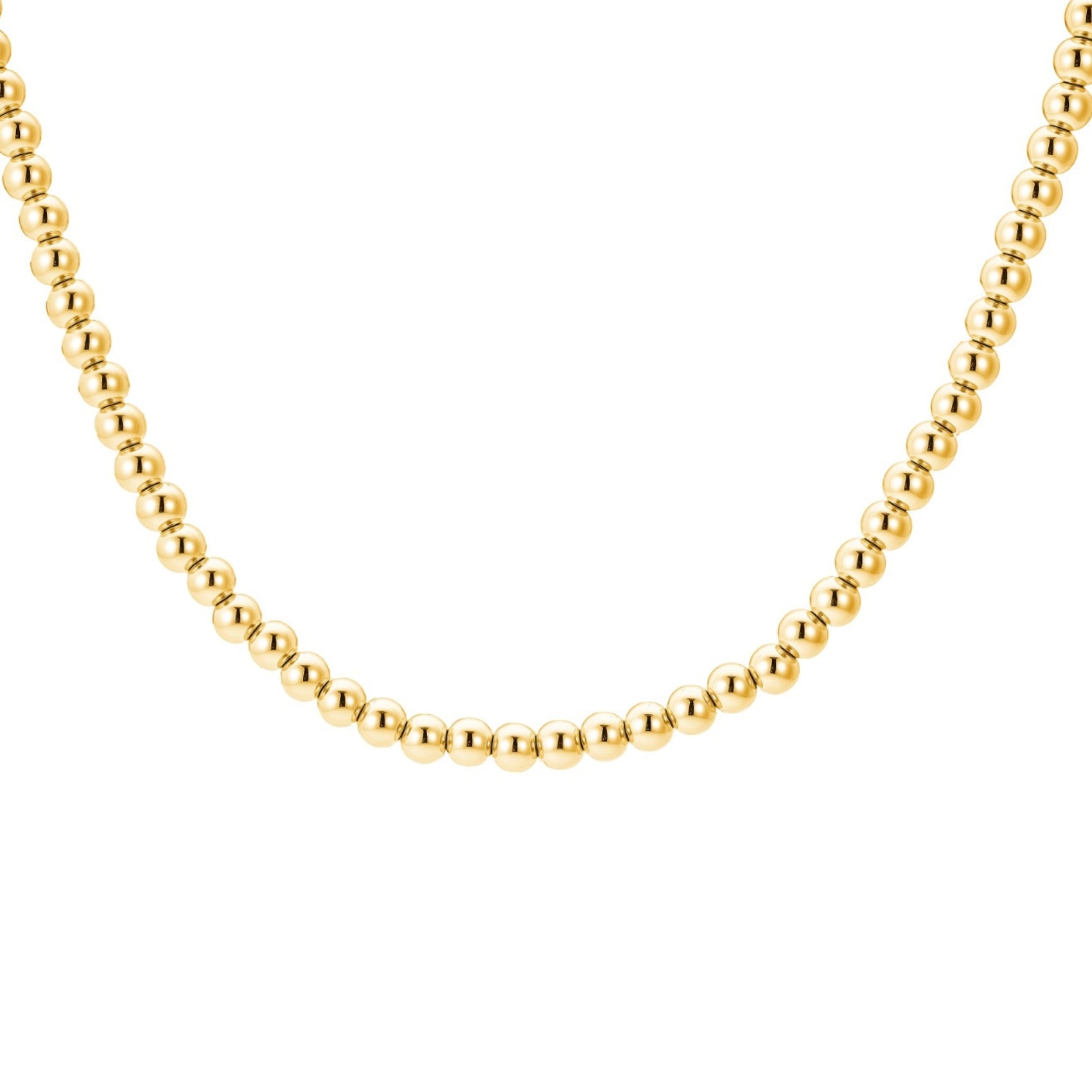 Gold beaded necklace on a white background