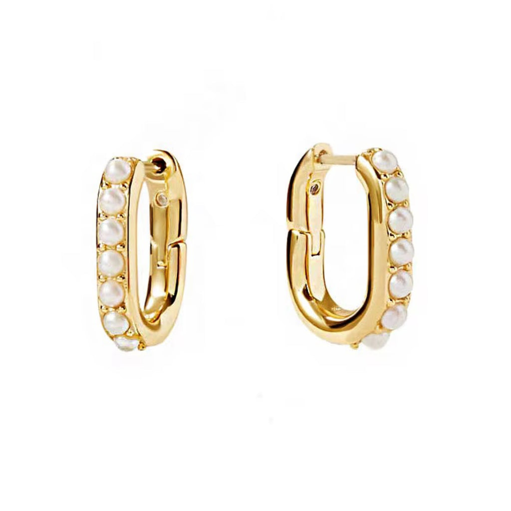Pearl beaded U-shaped hoop earrings with gold finish