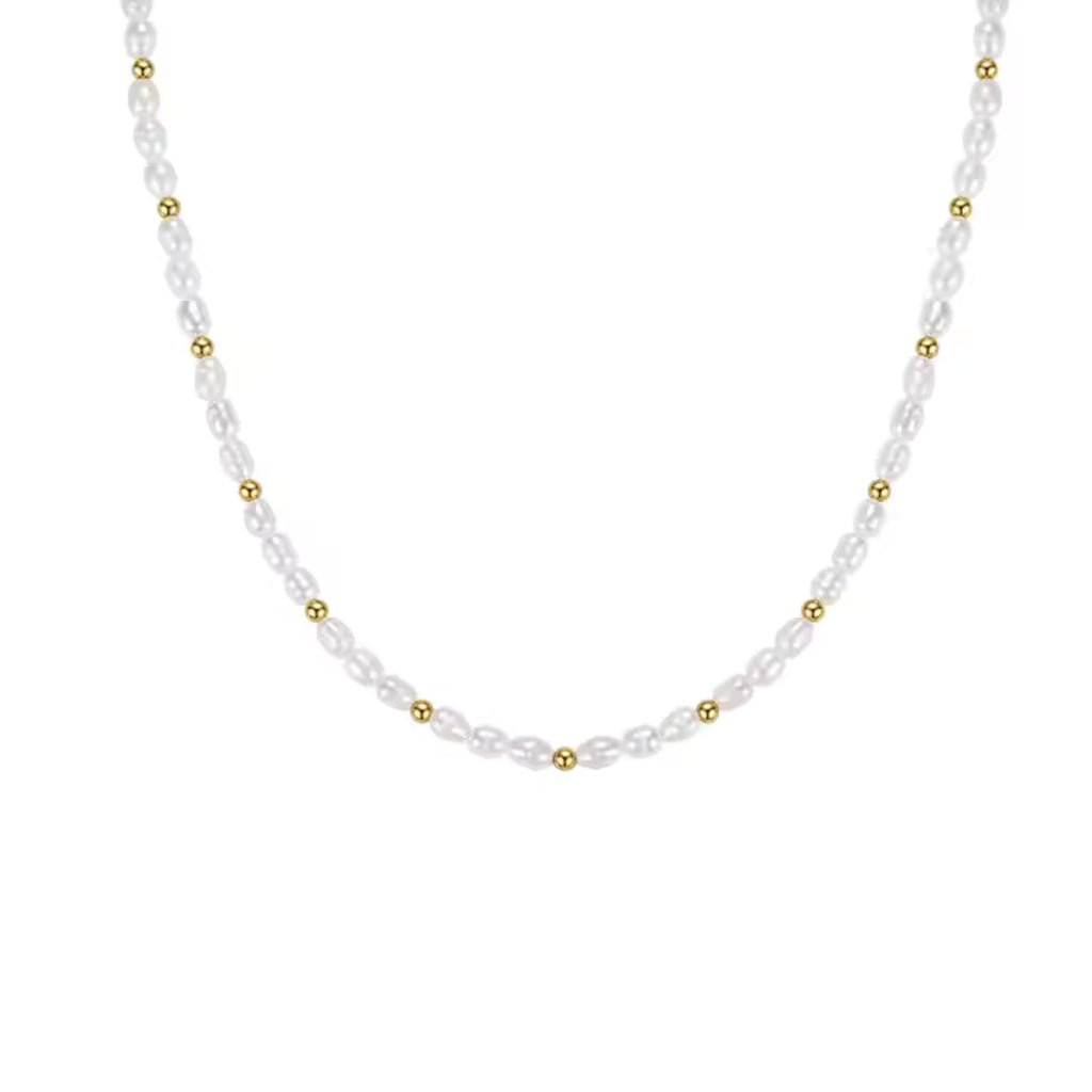 Pearl gold beaded necklace with natural freshwater pearls and gold beads
