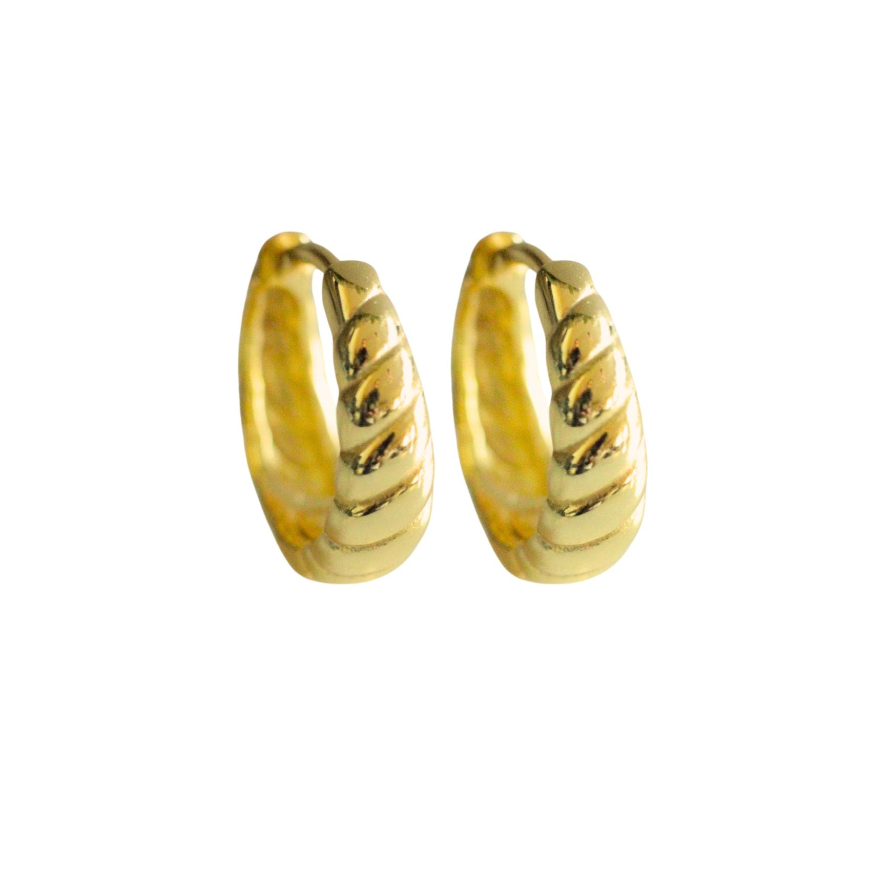 Pair of gold hoop earrings on a white background