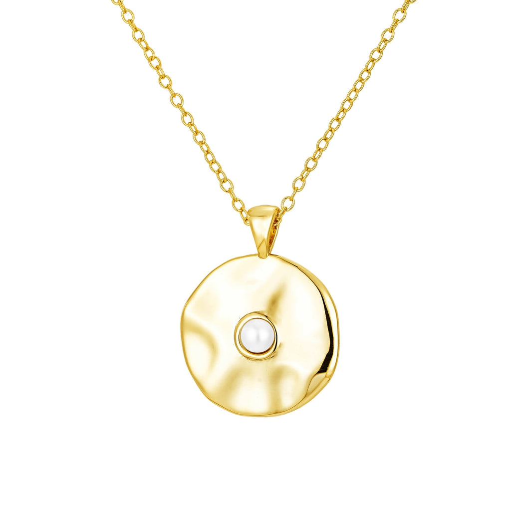 Hammered gold coin pendant necklace with freshwater pearl