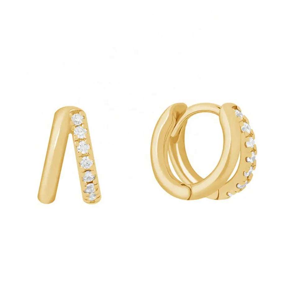 Twin mini gold huggie earrings with double band design