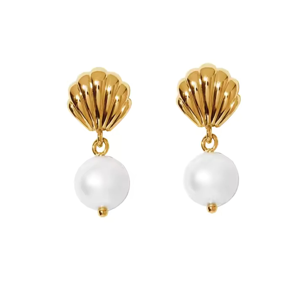 Gold shell pearl dangle earrings with natural freshwater pearls