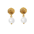 Gold shell pearl dangle earrings with natural freshwater pearls
