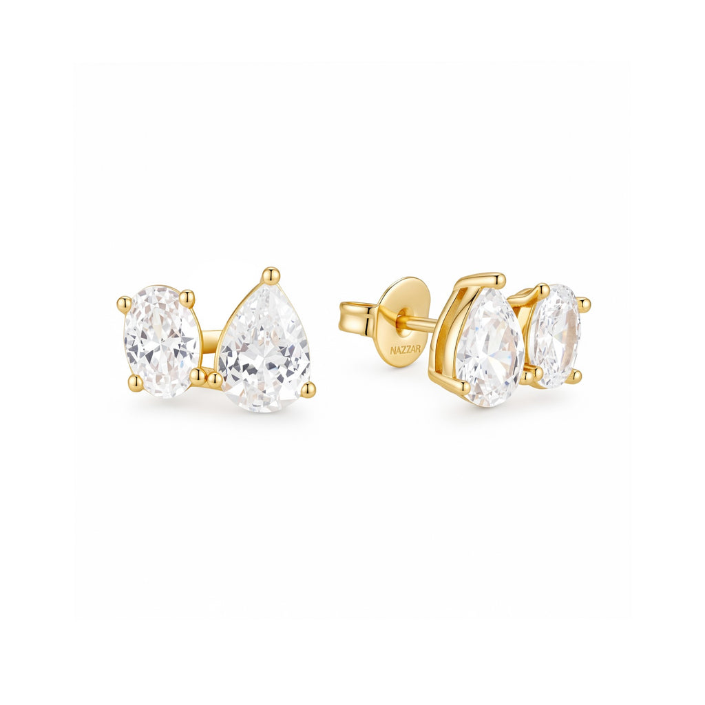 Oval & Pear CZ Two-Stone Stud Earrings