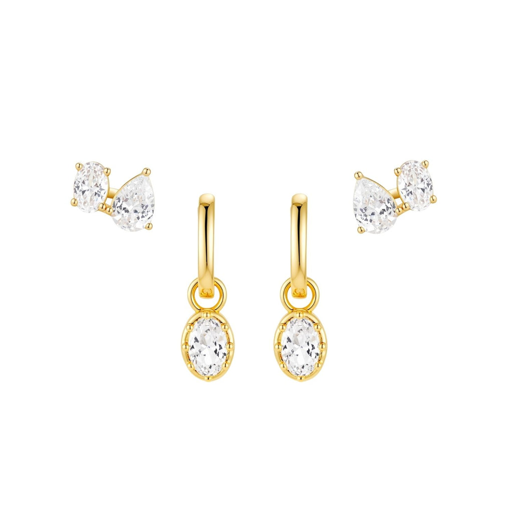 Two-pair earring set with gold-tone oval drop huggies and oval and pear two-stone studs