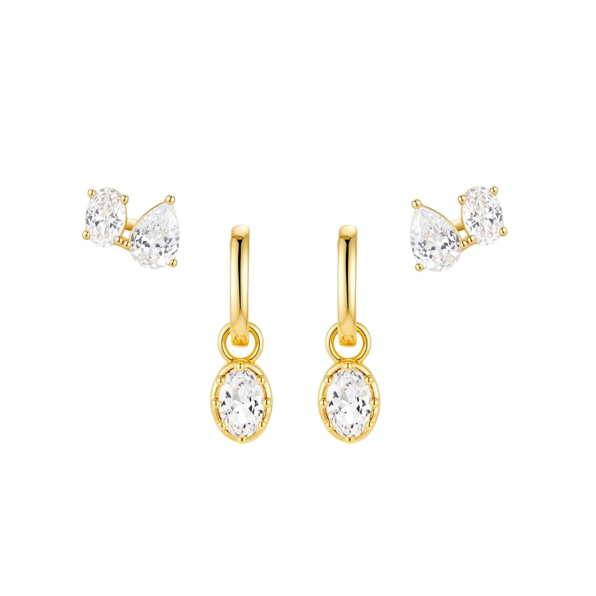 Two-pair earring set with gold-tone oval drop huggies and oval and pear two-stone studs